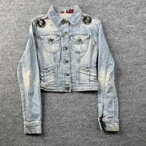 Guess Jeans Cropped Trucker Jacket Womens Blue Denim Stretch Long Sleeve - Small